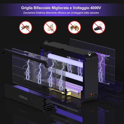 Mosquito Killer Lamp, Double Side 4000 V Electric Mosquito Net, 20 W UV Mosquito Lamp with Remote Control, 2 Reserve Bulbs, Effective Area 100 m², Suitable for Kitchen, Bedroom, Office (Black)