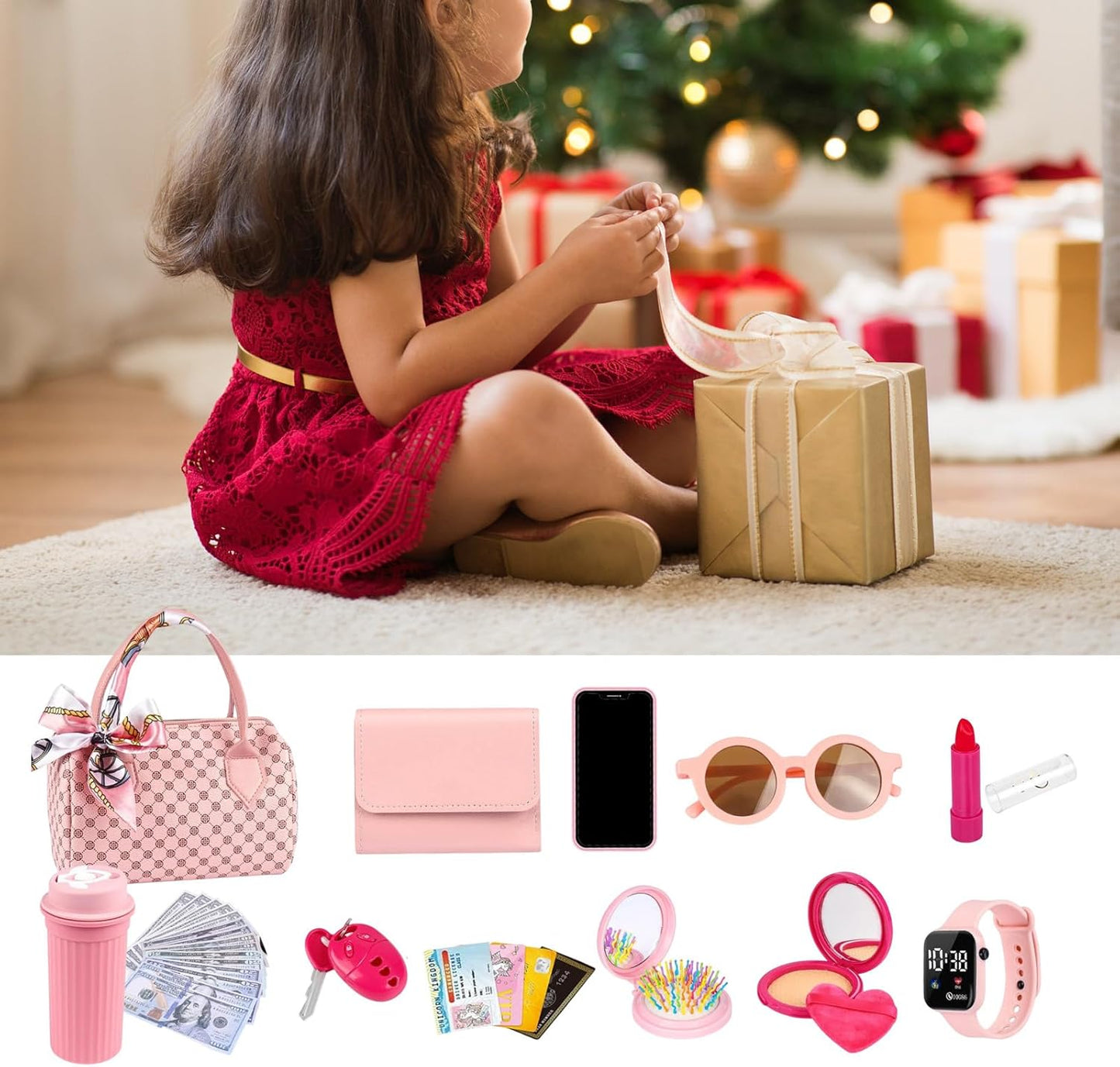 Toddler Purse Toy, Pretend Play Accessories, Princess Dress-Up Set, Fun Role-Playing and Educational Imaginative Play for Kids Ages 3-6 Years, 7.87x4.33x5.12 inches, Pink