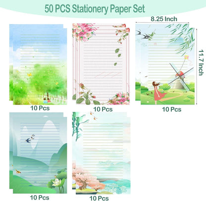 50 Writing Stationery Paper, Lined Stationery Paper for Writing Letter, Notes, Invitations, Craft, 5 Different Style (11.7 x 8.26")