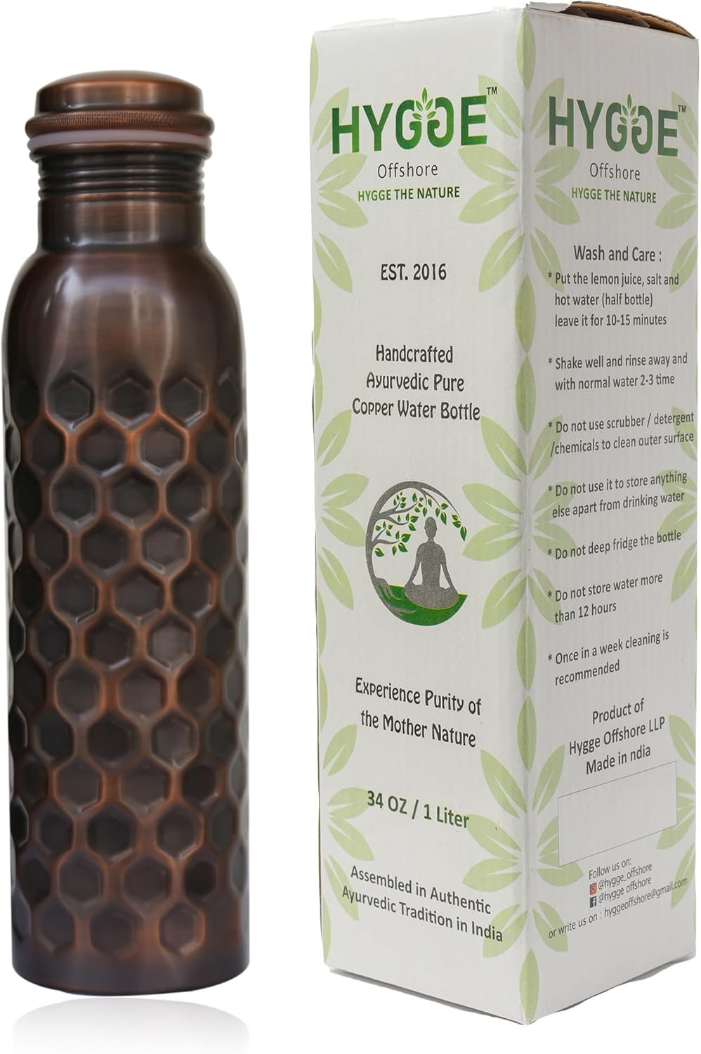 HYGGE 34oz (1L) Pure Copper Water Bottle – Leak-Proof Ayurvedic Copper Bottle for Drinking – Antique Hammered Design – Ideal for Yoga, Gym, Fitness & Outdoor – Natural Wellness Benefits