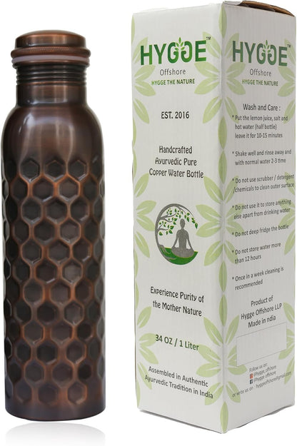 HYGGE 34oz (1L) Pure Copper Water Bottle – Leak-Proof Ayurvedic Copper Bottle for Drinking – Antique Hammered Design – Ideal for Yoga, Gym, Fitness & Outdoor – Natural Wellness Benefits