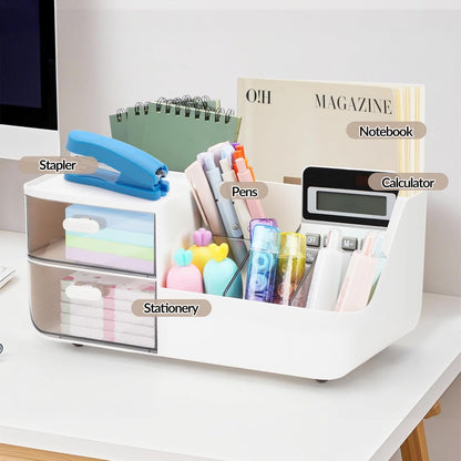 Witwatia Desk Organizer with 2 Drawer, Plastic Desk Organizers and Storage with 5 Compartments, Cosmetic Makeup Storage Box with 3 Pen Holder, Desktop Organization for Bathroom School Home Office