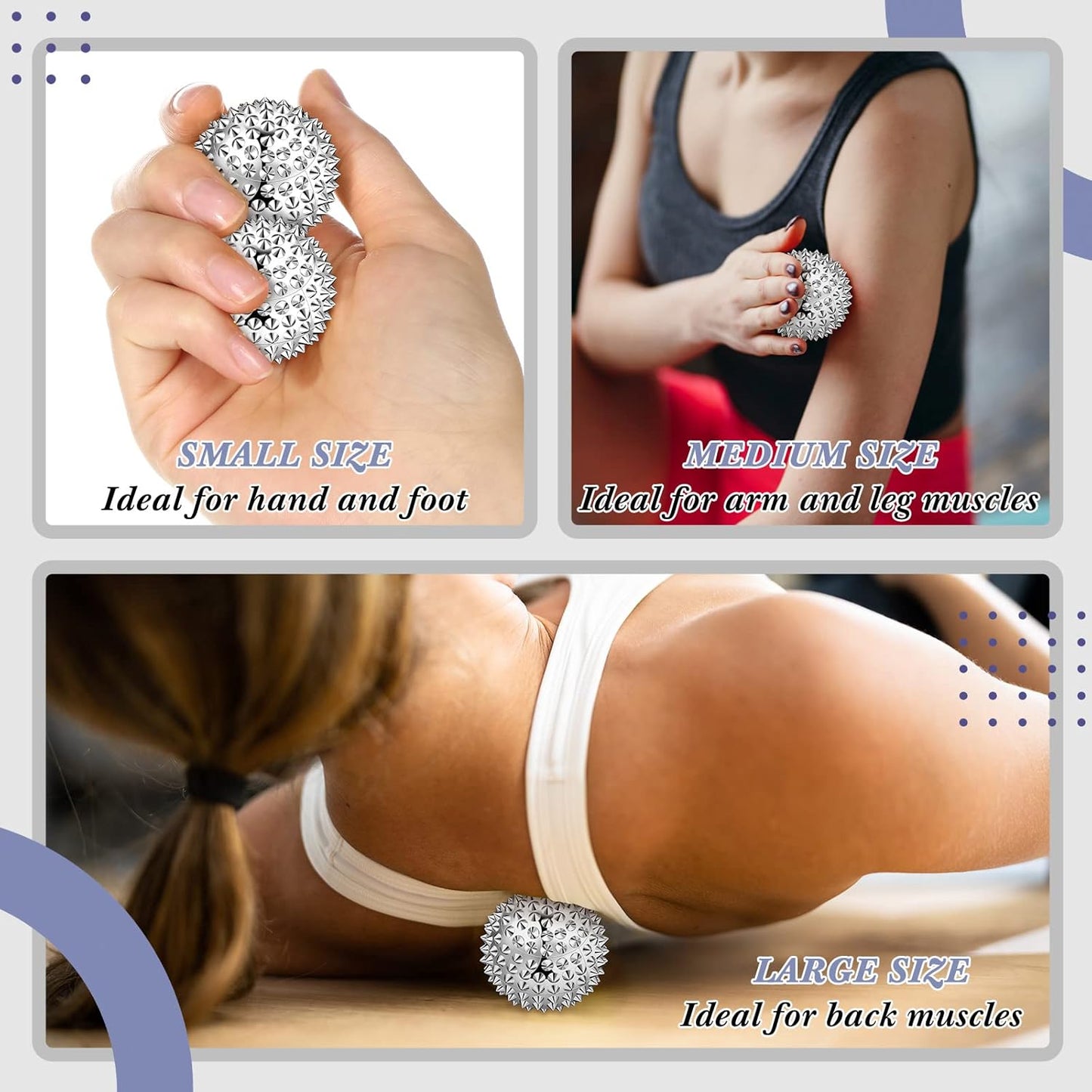 6 Pieces Massage Ball Hedgehog Balls for Muscle Recovery Magnetic Balls for Acupuncture Hand Therapy Stress Relief Diameter 32 mm 47 mm 56 mm (Silver)