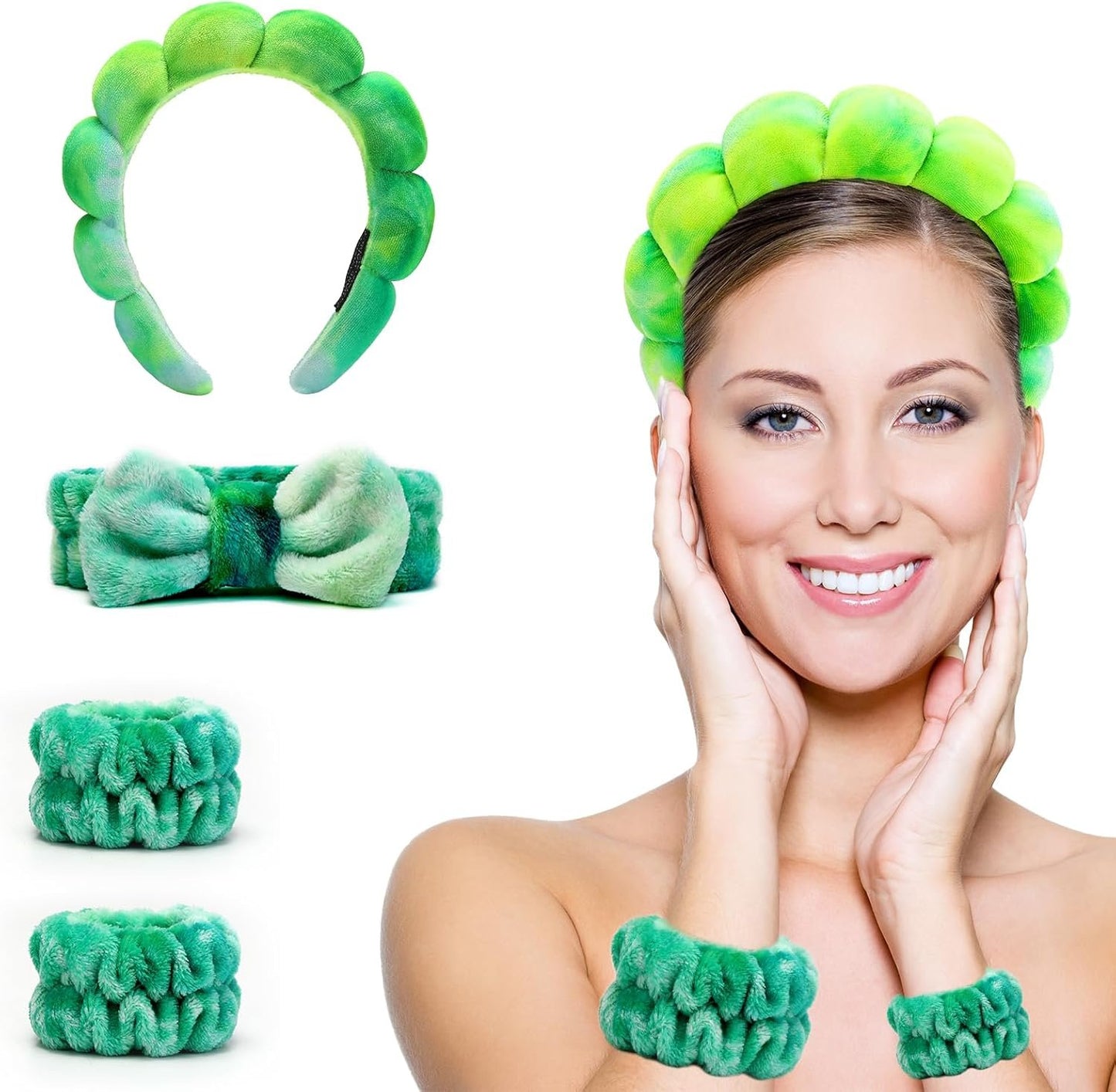 Hroevc 4PCS Tie-Dye Spa Headband and Wristband Set for Face Washing, Puffy Facial Terry Cloth Makeup Face Wash Headband for Women Girls（Tie-Dye 1）