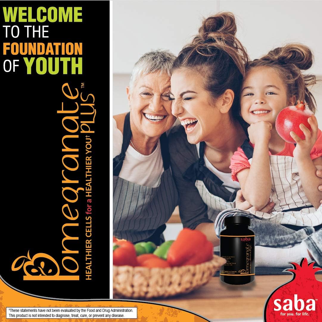 Saba Pomegranate Plus -Cellular Nutrition, Broad Spectrum of Essential Antioxidants - Support Stress, Cardiovascular Wellness, Immune System, Vision- 60 Capsules
