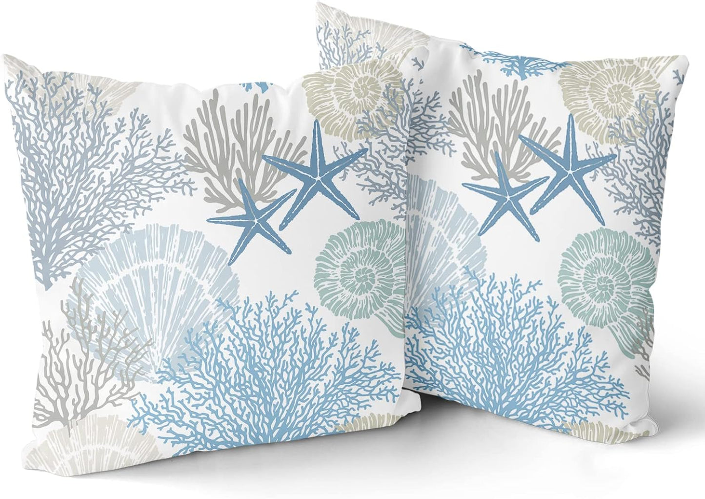 Nautical Coastal Throw Pillow Covers 18x18 Inch Summer Ocean Themed Seashell Coral Starfish Pillow Cases Set of 2 Soft Cotton Square Cushion Covers for Home Couch Sofa Patio Bedroom