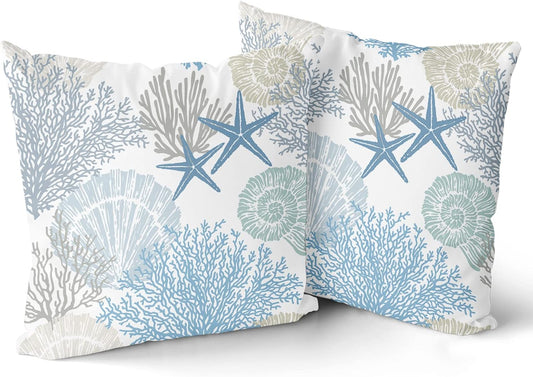 Nautical Coastal Throw Pillow Covers 18x18 Inch Summer Ocean Themed Seashell Coral Starfish Pillow Cases Set of 2 Soft Cotton Square Cushion Covers for Home Couch Sofa Patio Bedroom