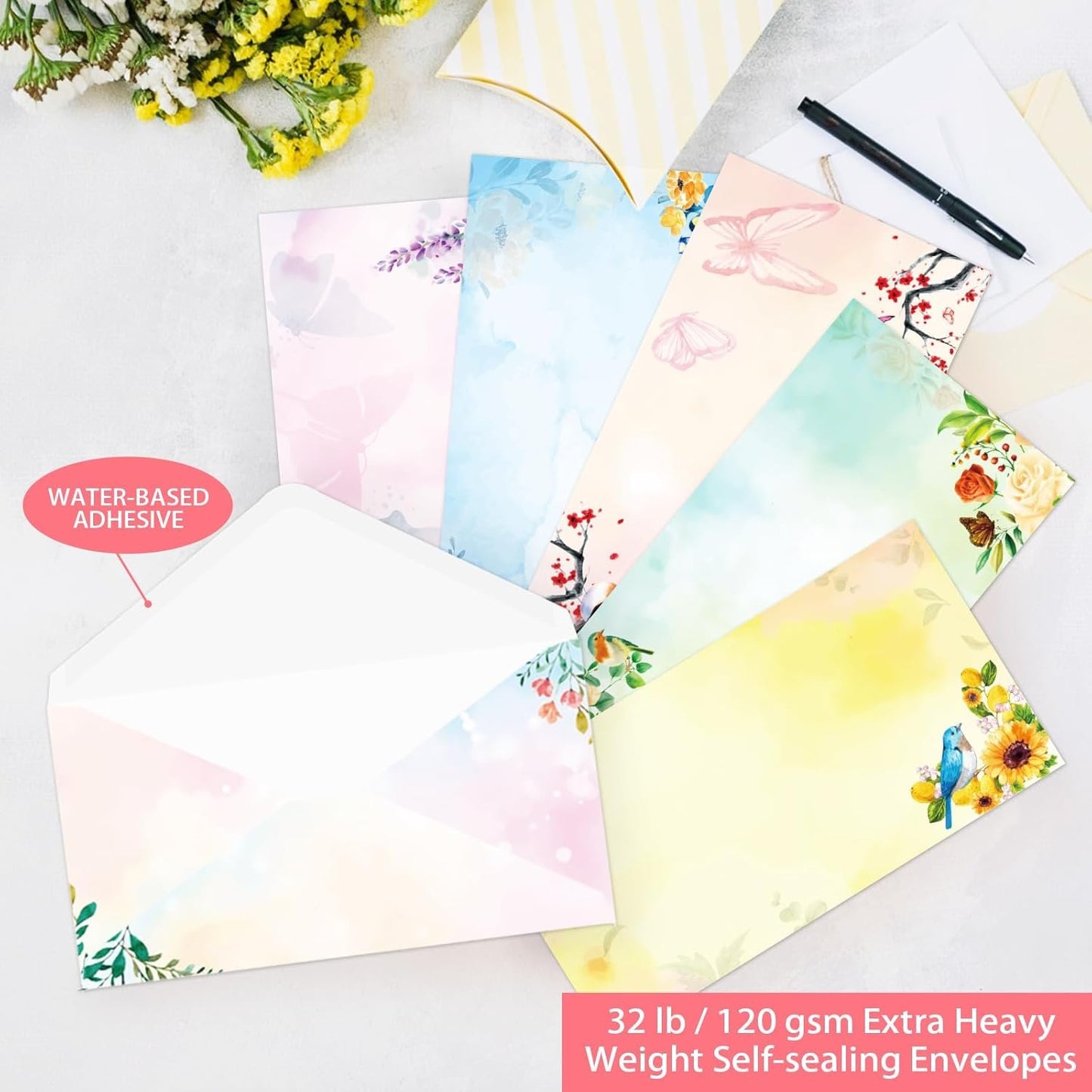 Lined Stationary Paper and Envelopes Set Floral Bird Watercolor Stationary Set with Lined Letter Writing Paper - 48 Sheets + 24 Envelopes, 8 x 11 Inch of Each Stationary Paper
