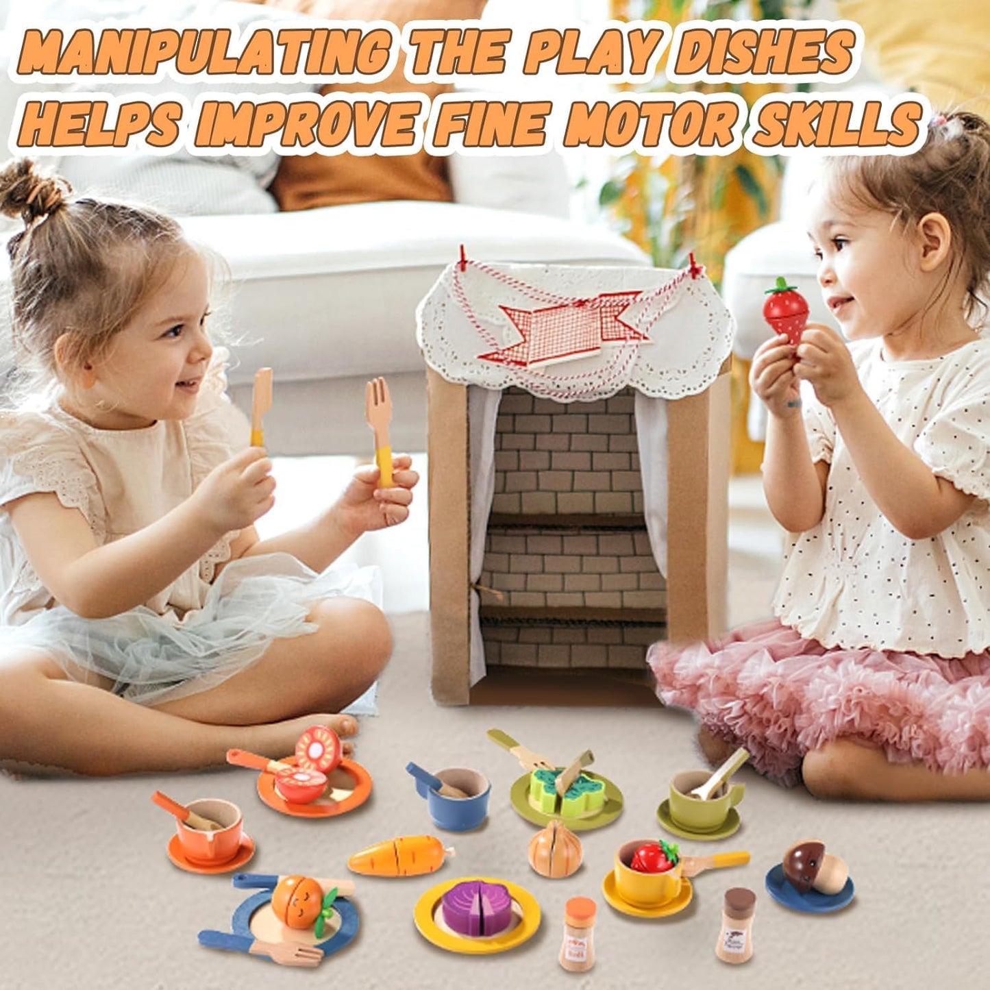 XICEN Wooden Dish Set for Kids, Play Dishes for Kids Kitchen, Wood Plates Set for Toddler, Montessori Wooden Kitchen Toys Accessories