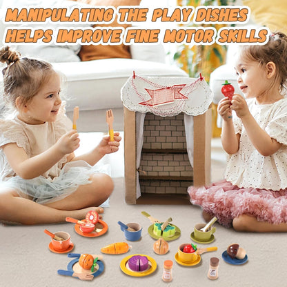 XICEN Wooden Dish Set for Kids, Play Dishes for Kids Kitchen, Wood Plates Set for Toddler, Montessori Wooden Kitchen Toys Accessories
