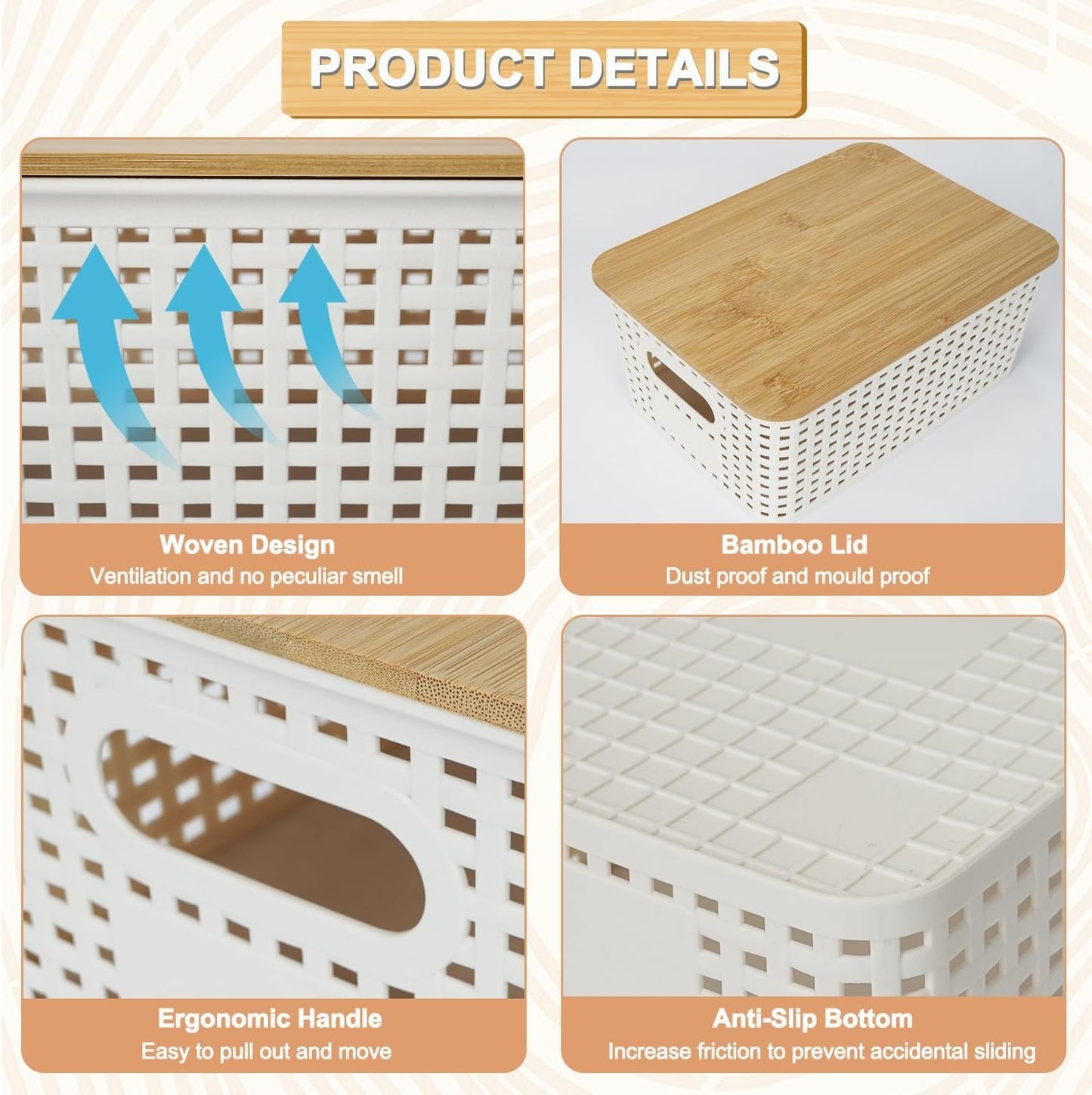 UHAPEER 6 PCS Storage Bins with Bamboo Lids Plastic Baskets Plastic Storage Containers for Organizing Stackable Storage Box with Handle for Shelves Drawers Desktop Closet Classroom Officeï¼ˆWhiteï¼‰