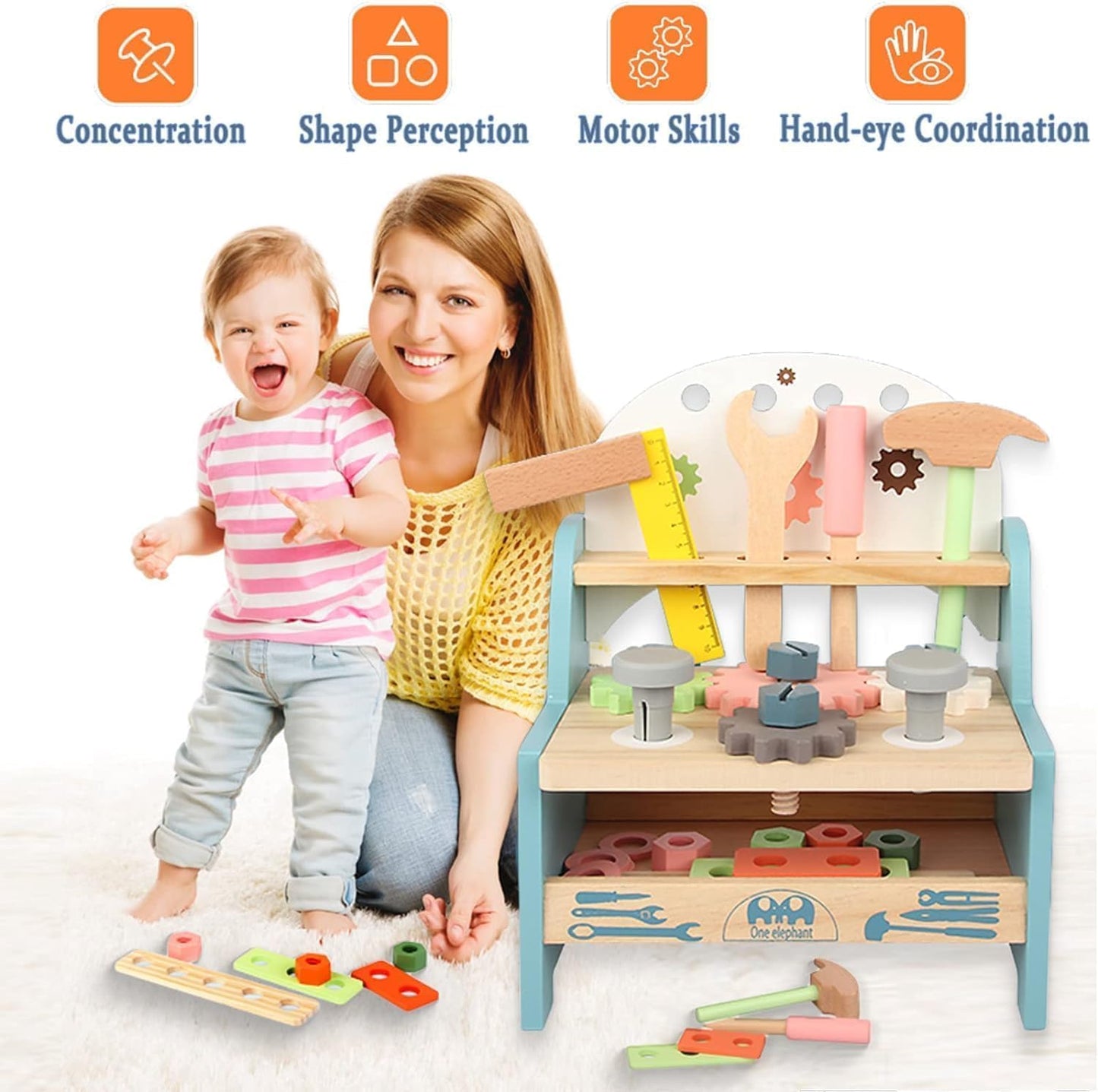 Tool Bench for Kids Toddlers, XICEN，Montessori Wooden Tool Workbench Set, Construction Workshop Pretend Play Toy 1 2 3 4 5 Years Old Boys