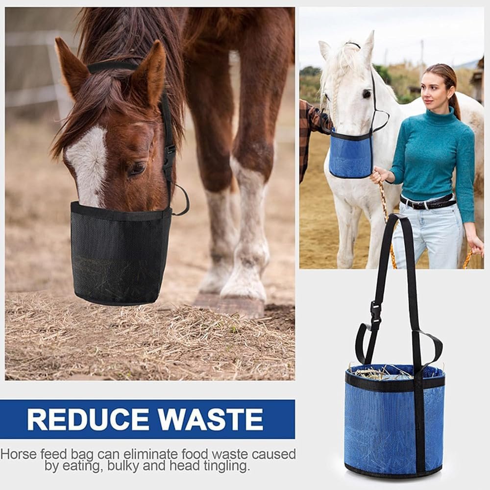 Comfort Breathable Horse Feed Bag, Mesh Feed Bucket, Mesh Designed Feeding Bag with Adjustable Strap and Waterproof Bottom, Horse Feeder Bag Storage, for Horse Feeding Supplies Muzzle Feed (2 Black)