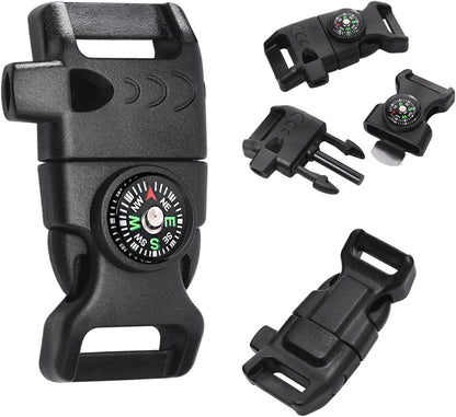 5pcs Pack Black 5/8" Compass Flint Scraper Fire Starter Whistle Buckle Plastic Paracord Bracelet Outdoor Camping Emergency Survival Travel Kits #FLC158-FWC(Black)