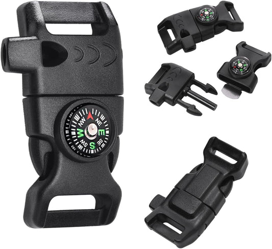 5pcs Pack Black 5/8" Compass Flint Scraper Fire Starter Whistle Buckle Plastic Paracord Bracelet Outdoor Camping Emergency Survival Travel Kits #FLC158-FWC(Black)