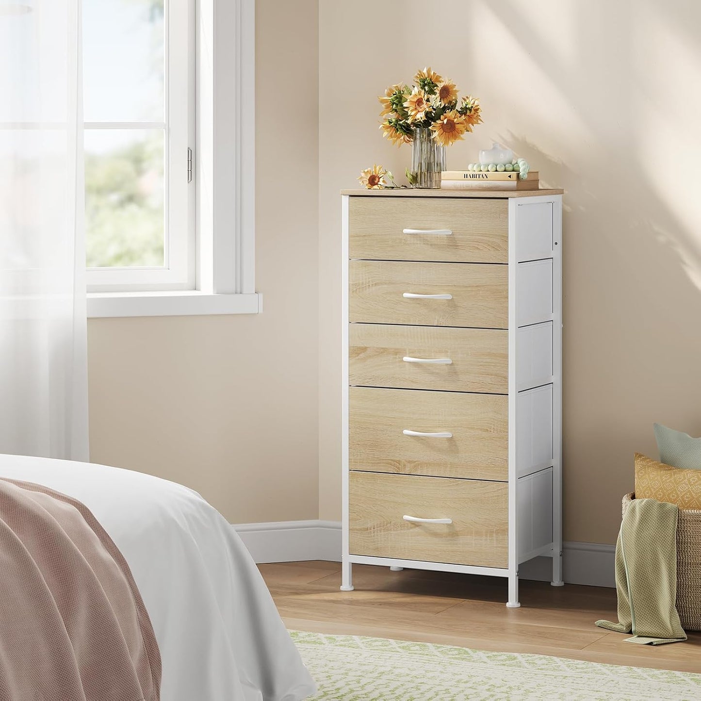 WOLTU Fabric Bedroom Chest of Drawers 5 Drawer Chest of Drawers for Hallway Bedroom Living Room Vintage Style Metal MDF Frame SSK004whe