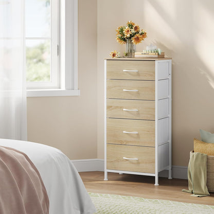 WOLTU Fabric Bedroom Chest of Drawers 5 Drawer Chest of Drawers for Hallway Bedroom Living Room Vintage Style Metal MDF Frame SSK004whe