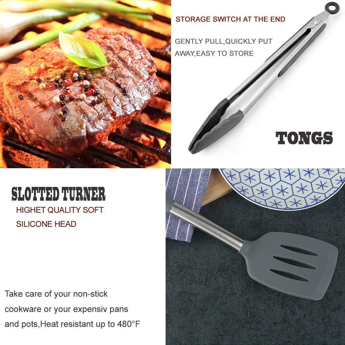 Kitchen Utensil Set - Silicone Cooking Utensils - Stainless Steel Kitchen Utensils Set - Silicone Spatula Set Utensil Set - Silicone Utensils Cooking Utensil Set - Kitchen Tools Gadgets