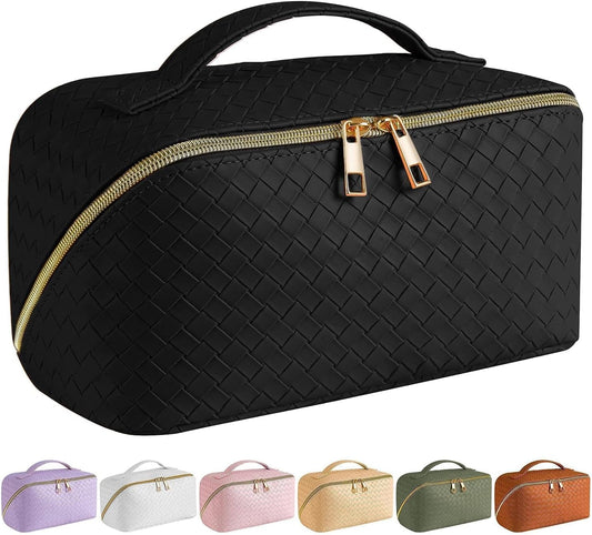 SFXULIX Large Capacity Travel Cosmetic Bag - Makeup Bag, PU Leather Waterproof Cosmetic Bag, Women Portable Travel Makeup Bag with Handle and Divider Flat Lay Makeup Organizer Bag, Black, Fashion