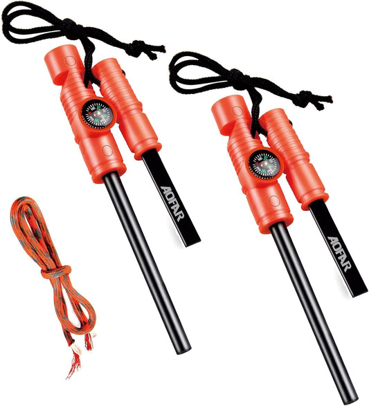 AOFAR Fire Starter AF-381 Fire Steel 5-in-1 for Camping, Hiking, Hunting, Backpacking, Boating, Outdoor Magnesium Survival Rod with Fire Paracord, Compass and Whistle, Waterproof (2-Pack)…