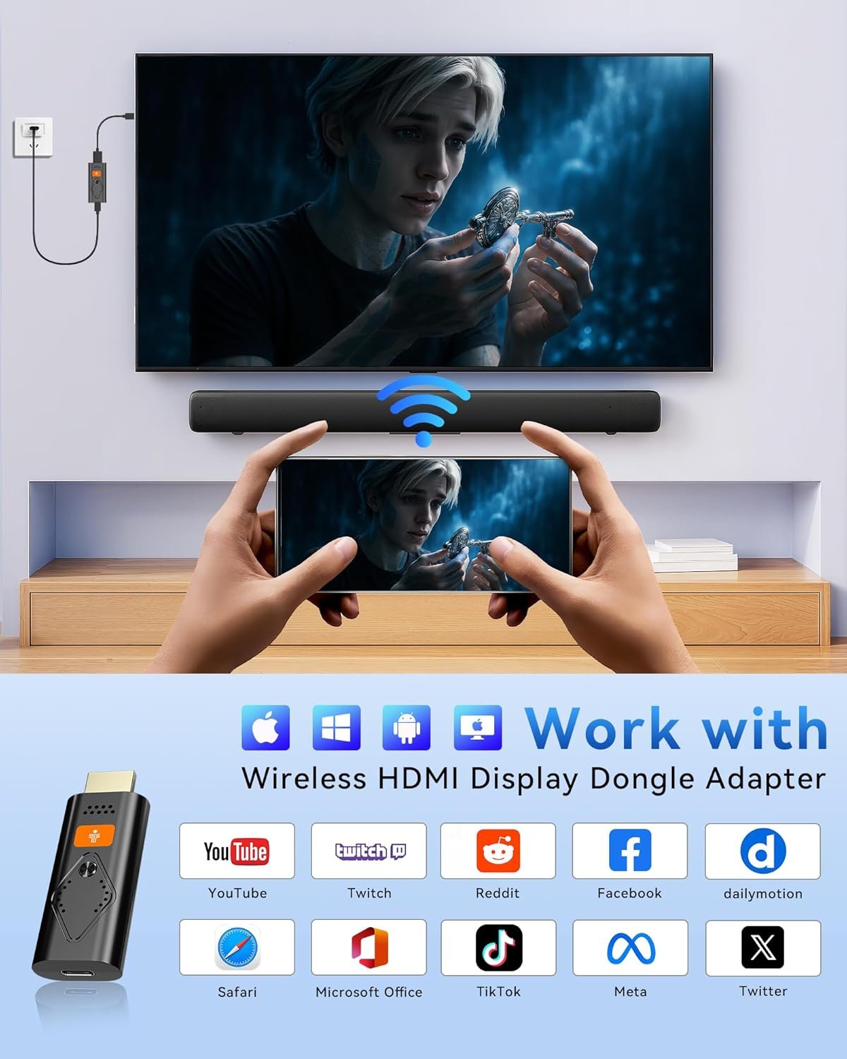Wireless HDMI Display Dongle Adapter, Portable Transmitter, Streaming Media Video/Audio/File HDMI from Smartphone,Laptop to HDTV/Monitor/Projector, Support Airplay Miracast