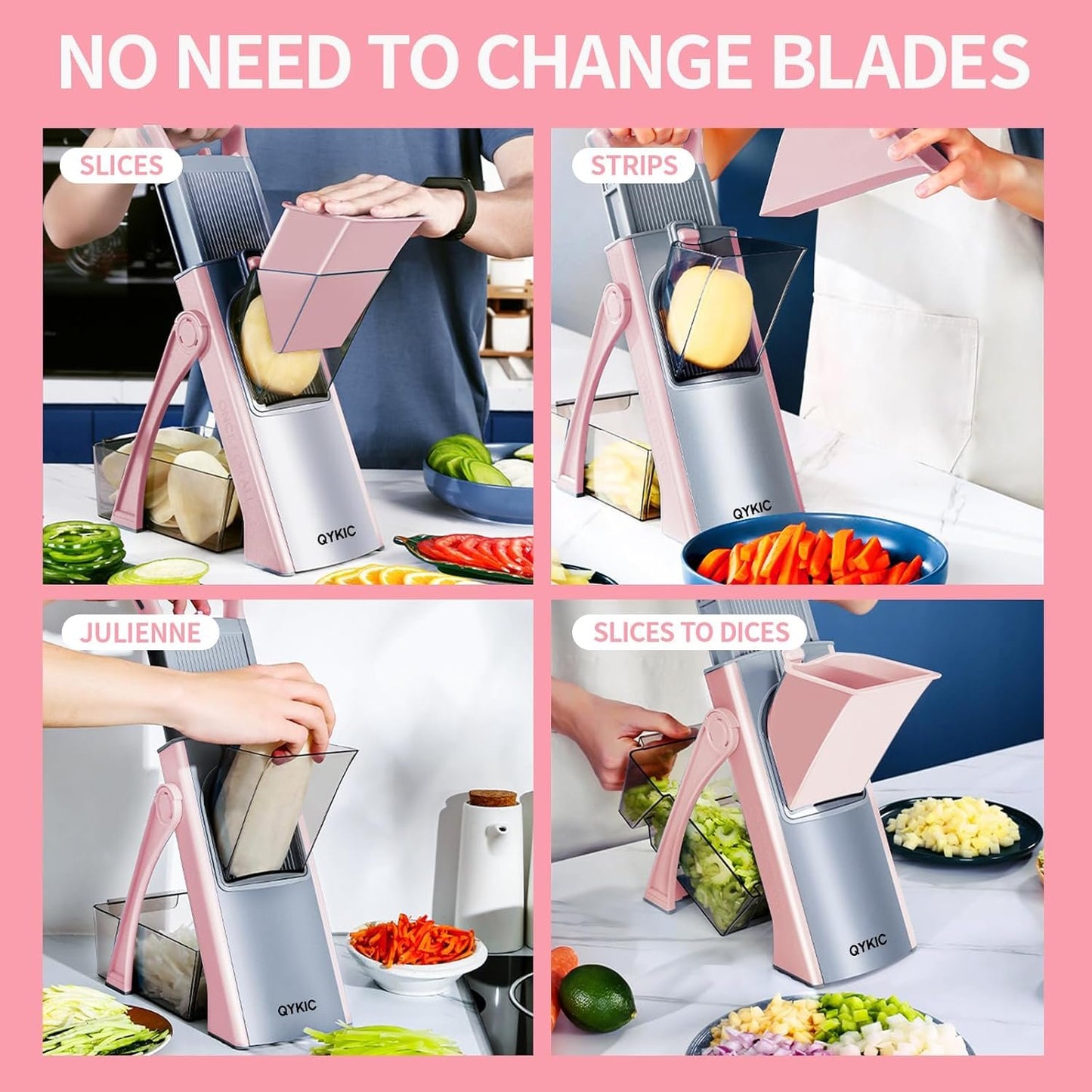 Safe Mandoline Food Slicer for Kitchen, Multifunctional Vegetable Chopper, Mandoline Potato Slicer with 35+ Presets & Thickness Adjuster, French Fry Cutter, Veggie Dicer for Meal Prep Pink