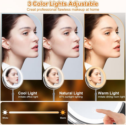 Lighted Makeup Mirror with Height Adjustable, 9” Rechargeable LED Magnifying Mirror with 3 Dimmable Colors, 1X 10X Double Sided Vanity Mirror with Lights, 360° Rotation Touch Screen Makeup Mirror