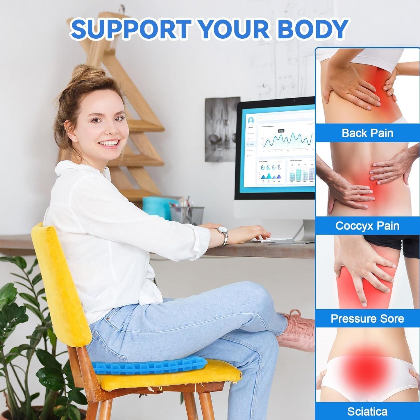 Gel Seat Cushion for Long Sitting, Foldable Seat Cushion for Pressure Relief, Breathable Honeycomb Gel Seat Soft & Cool, Portable Travel Car Cushion with Non-Slip Cover for Home Office