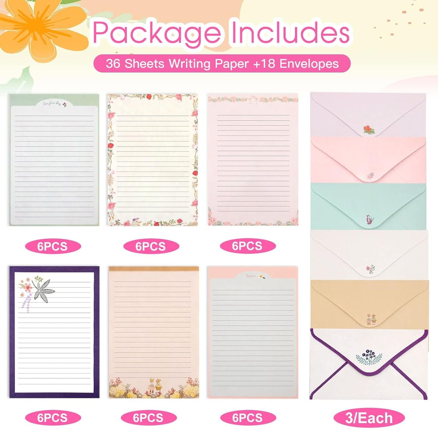 KSIWRE Stationary Paper and Envelopes Set, 36 PCS Lined Stationary Writing Paper with 18 PCS Matching Envelopes, Fresh Floral Style Letter Writing Paper for Invitations Gifts Holiday Wishes (KS-0012)