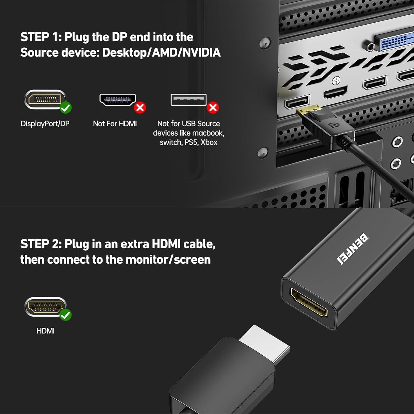 BENFEI DisplayPort to HDMI, Benfei Gold-Plated DP Display Port to HDMI Adapter (Male to Female) Compatible for Lenovo Dell HP and Other Brand