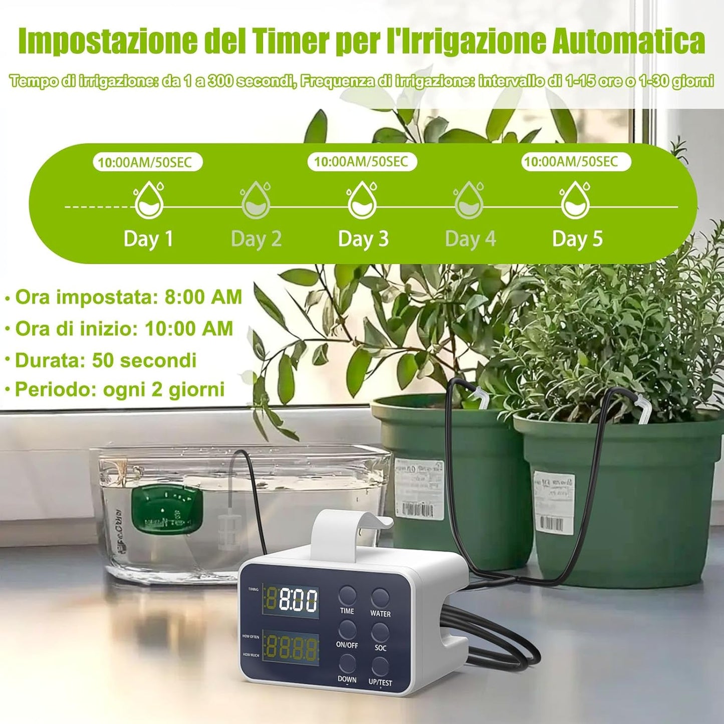 Automatic Watering System for Pots, DIY Drip Irrigation Kit, Rechargeable Plant Sprinkler with Lack of Water Alarm and Battery Discharge, Adjustable Time, Supports 15 Pots