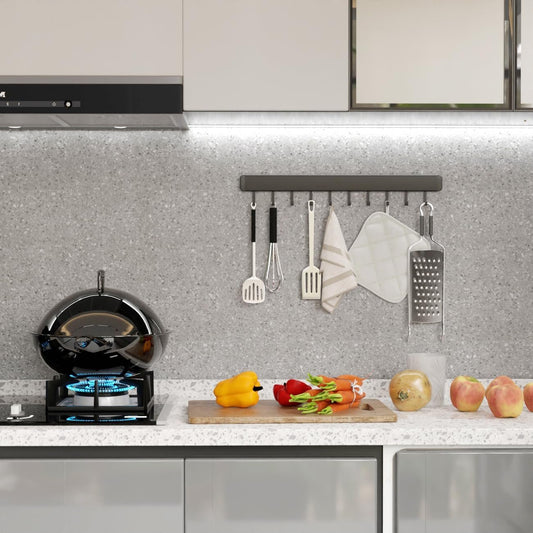 HMAKGG Kitchen Utensil Holder Wall Sticker, 50 cm Kitchen Tool Bar with 10 Hooks, Aluminium Gadget Bar for Kitchen and Bathroom, Grey