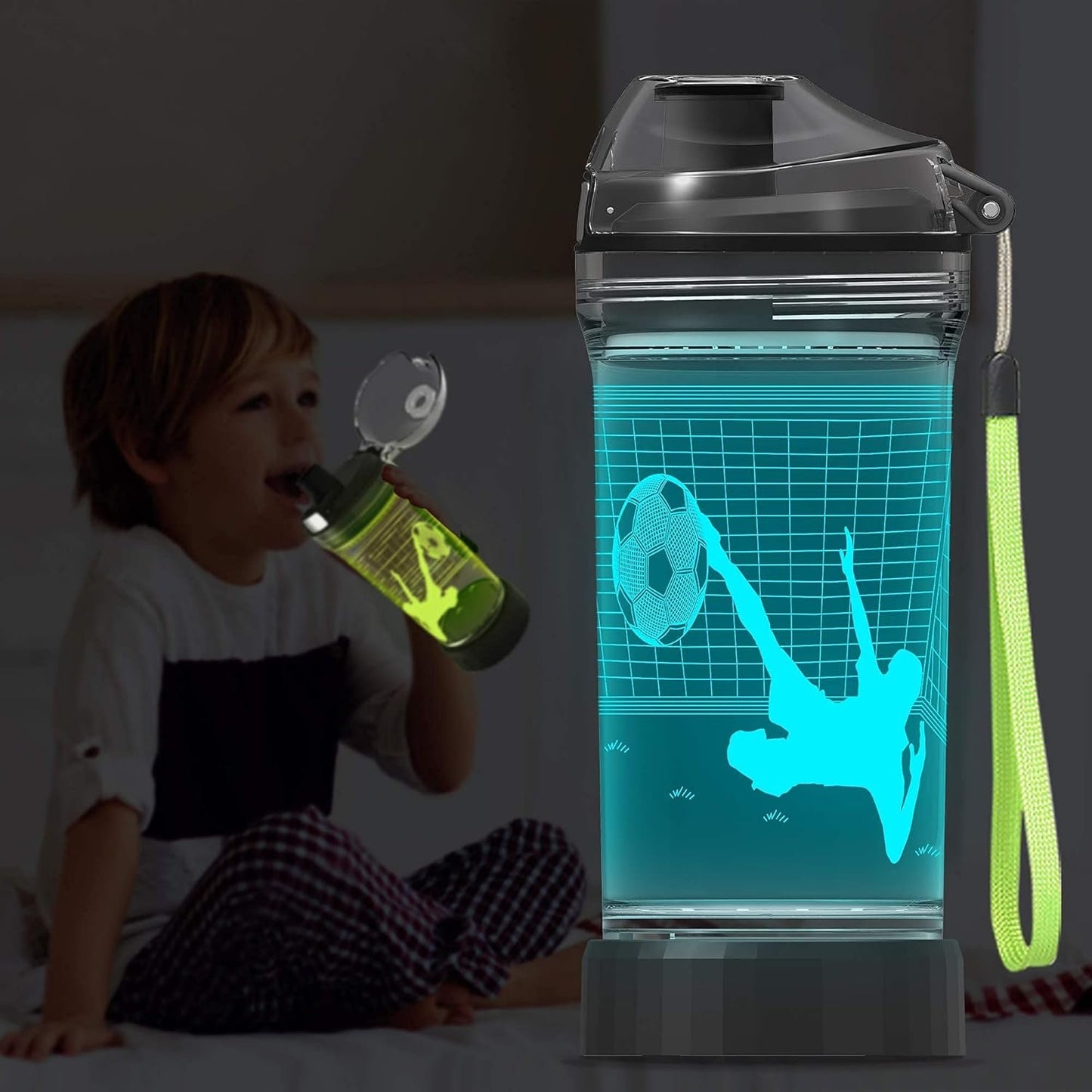 YuanDian Light Up Kids Water Bottle with 3D Soccer Design- 14 OZ Tritan BPA Free - Cool Drinking Cups Gift for School Kids Boy Child Sport Soccer Lovers