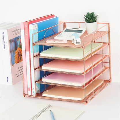 Gugsey Desk Organizer and Accessories, 5-Tier Paper Letter Tray with File Holder, Mesh Desktop File Organizers for School, Home, Office Supplies Organization and Storage (Rose Gold)