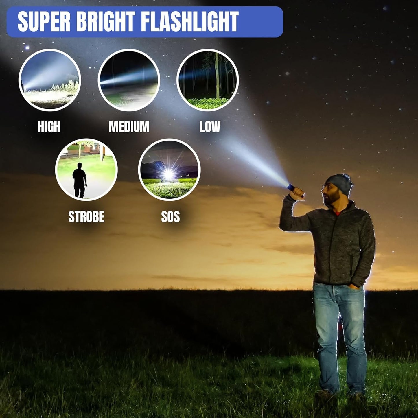 JB-arc LED Rechargeable Flashlight 10000LM Handheld Water Resistant Torch with Telescopic Zoom Perfect for Camping Hiking Outdoor and Emergency Night Light