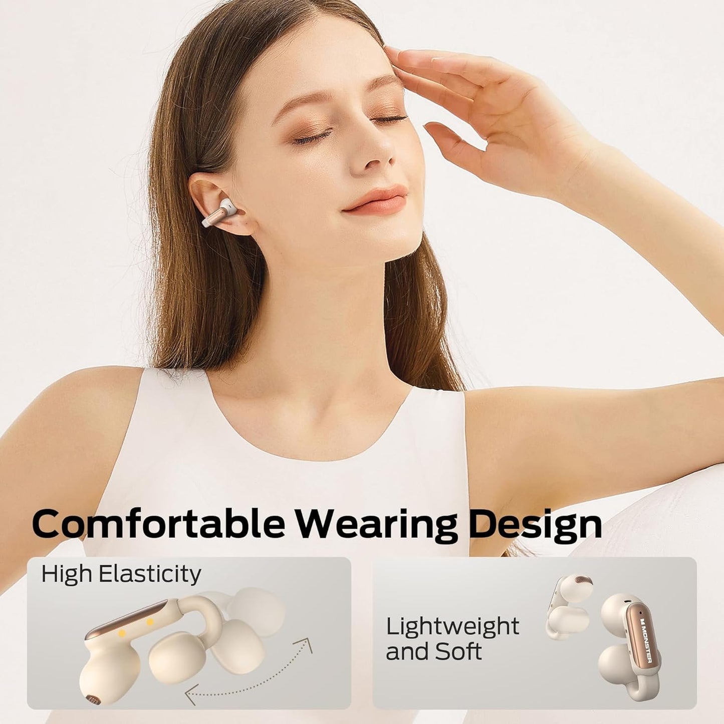 Monster Open AC601 Bluetooth Earbuds - Comfortable Clip-On Wireless Earbuds with Bluetooth 5.4, 32H Playtime Earbuds with ENC Clear Talk, IPX5 Waterproof & Touch Control for Any Occasion (White)