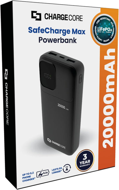 Laser ChargeCore 20000mAh Power Bank, LiFePO4 Battery, LED Display, 20W USB C Fast Charging, Airline Safe, 3 Ports, Includes 3 in 1 Cable for iPhone, iPad, Samsung, Android, Tablet, Switch (Black)