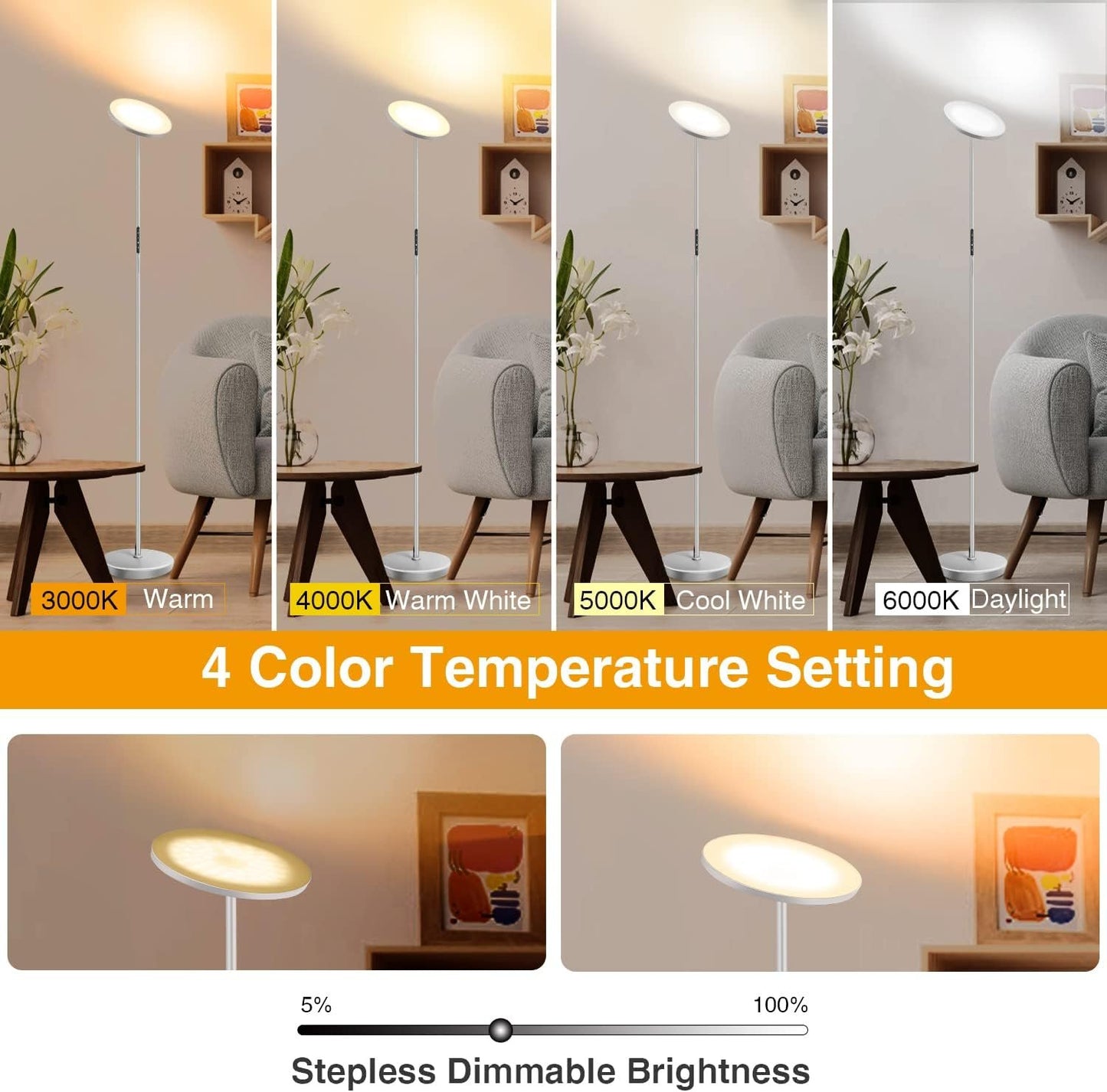 OUTON Floor Lamp Modern, LED Torchiere Lamp 30W 3000LM, Tall Standing Lamp with 4 Color Temperatures, Stepless Dimmable, Remote and Touch Control, 1 Hour Timer for Living Room Bedroom, Silver Grey