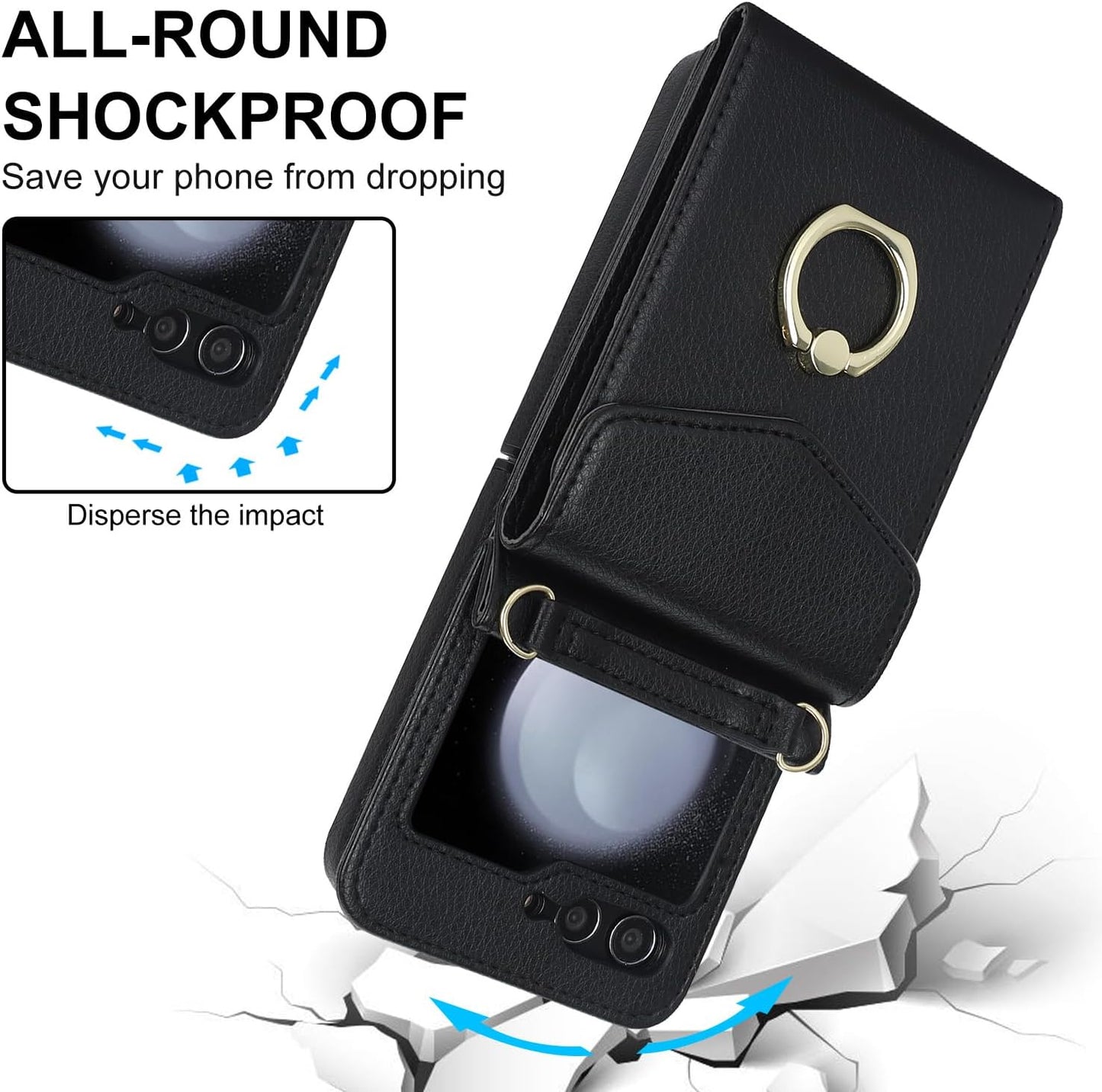 SINQERISHT Crossbody Wallet Phone Case for Samsung Galaxy Z Flip 6 5G 2024 Leather Case with Card Holder & 360° Ring Kickstand Purse Cover Magnetic Closure Flip Handbag Shell(Black)