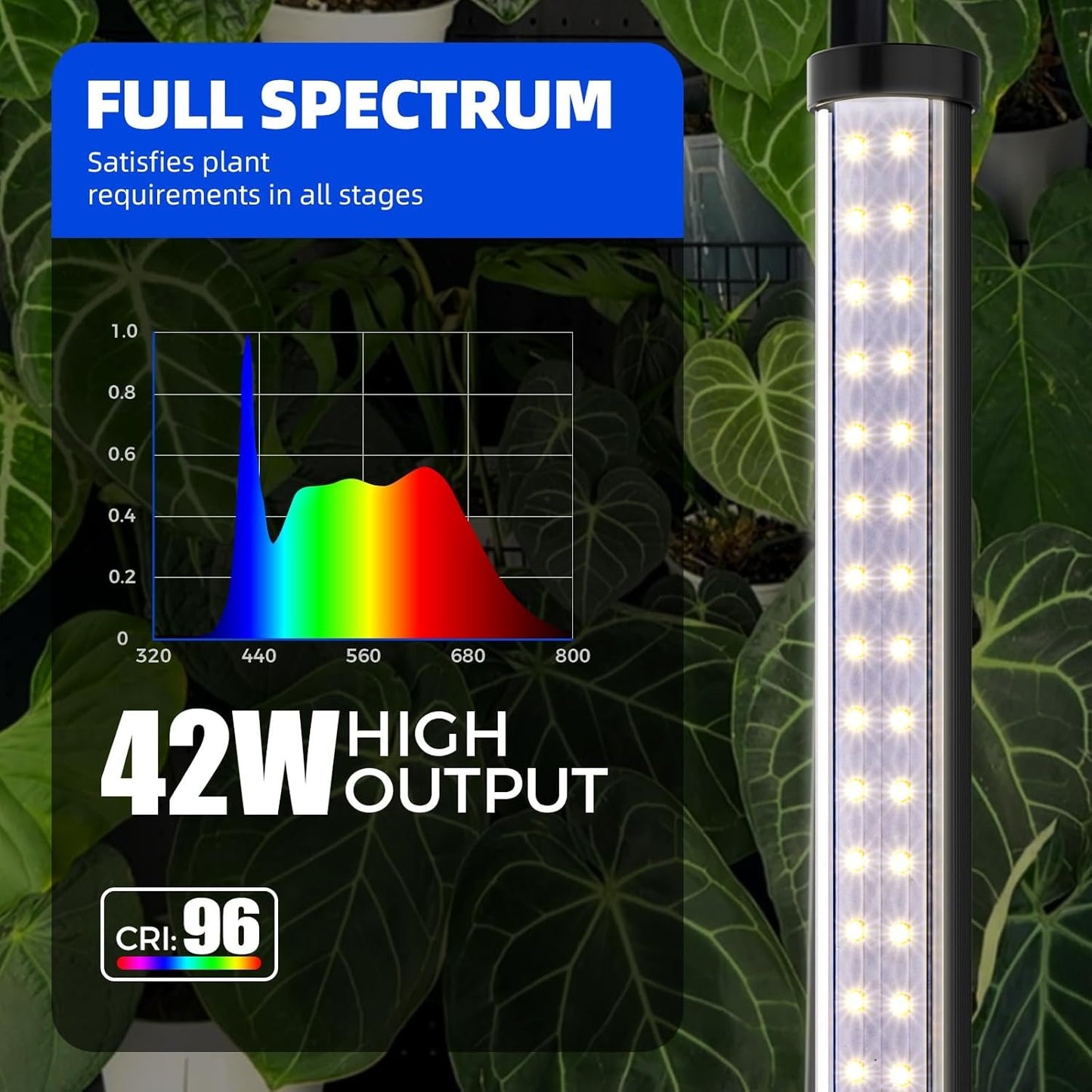 Barrina T10 Pro Standing Plant Light with Timer, 42W, 5000K, Full Spectrum Vertical Grow Lights for Indoor Plants, Wide Coverage, 120cm to 170cm Height with Foot Switch, for Flower and Tall Plants