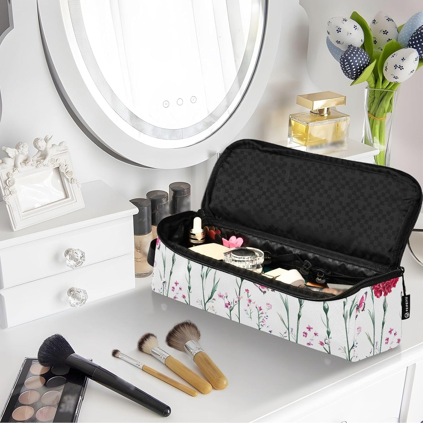 FRODOTGV Nature Garofani Borsa da viaggio per strumenti per capelli caldi bianchi e tappetino resistente al calore Custodia da viaggio portatile per utensili caldi e accessori per la cura dei capelli