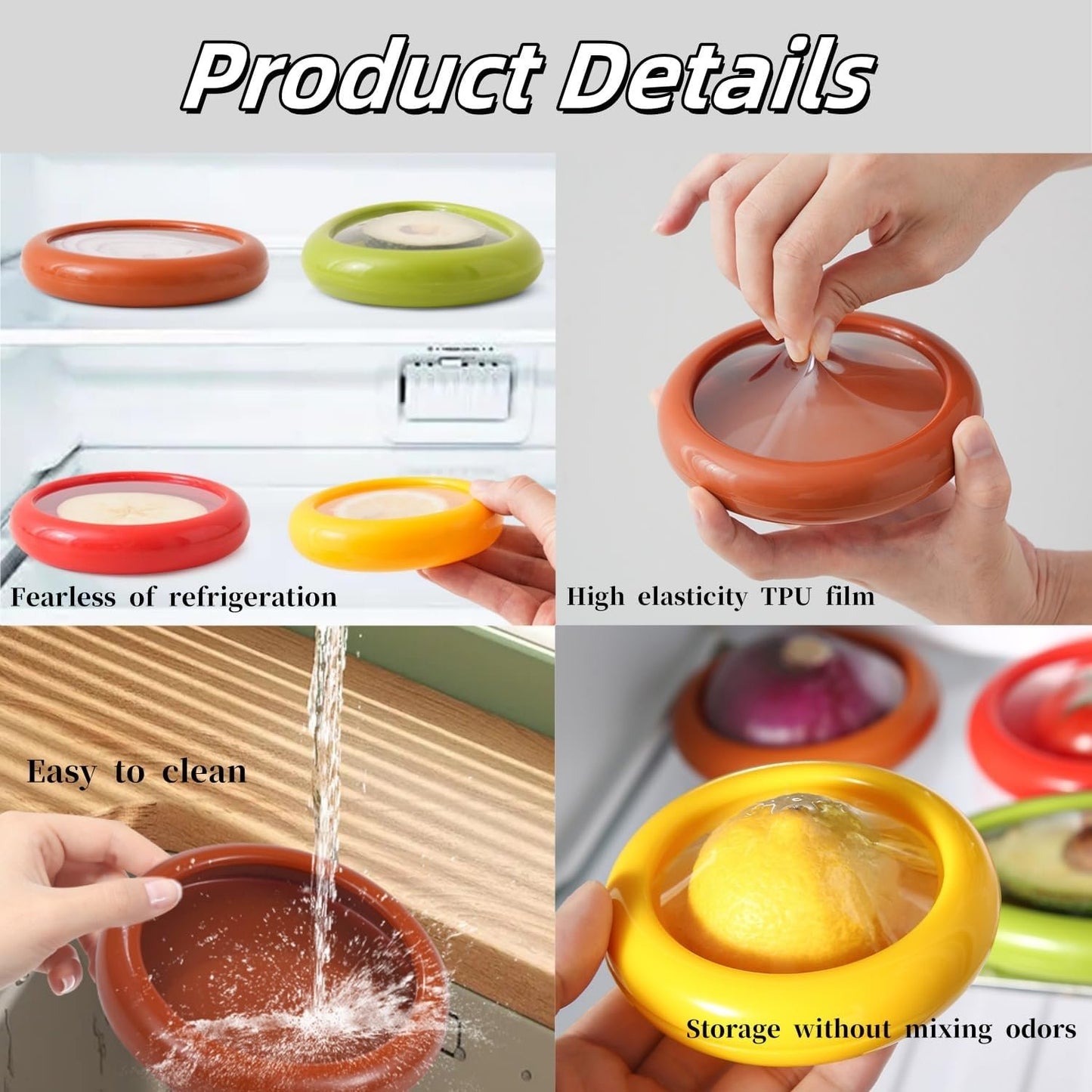 4PCS Fruit And Vegetable Storage Containers,Onion Storage Container, Avocado keeper,Tomato Saver,and Lemon holderï¼ŒVegetable Sha Transparent Film Reusable Food Saver Set for Fridge