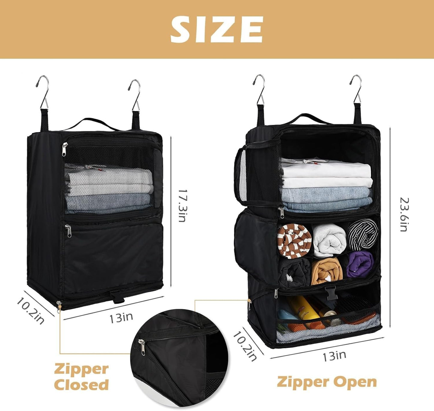 Surblue Hanging Shelves Travel Storage Bag Compression Packing Cube for Suitcase Portable Closet Organizer Collapsible with Extension Layer Large Capacity,Black,XL