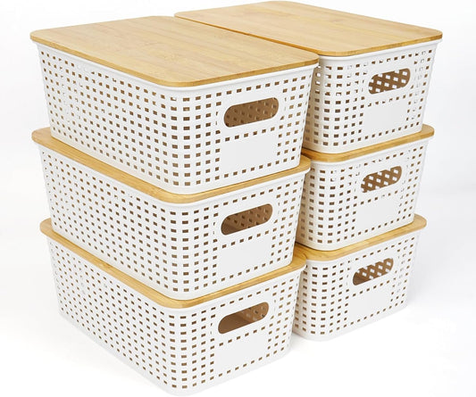 UHAPEER 6 PCS Storage Bins with Bamboo Lids Plastic Baskets Plastic Storage Containers for Organizing Stackable Storage Box with Handle for Shelves Drawers Desktop Closet Classroom Officeï¼ˆWhiteï¼‰