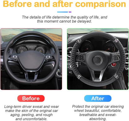 Osilly Bling Car Steering Wheel Cover, 15 Inch Rhinestones Soft Leather Elastic Steering Wheel Protector, Sparkly Crystal Diamond for Women Girls, Car Interior Accessories for Most Cars (Black)