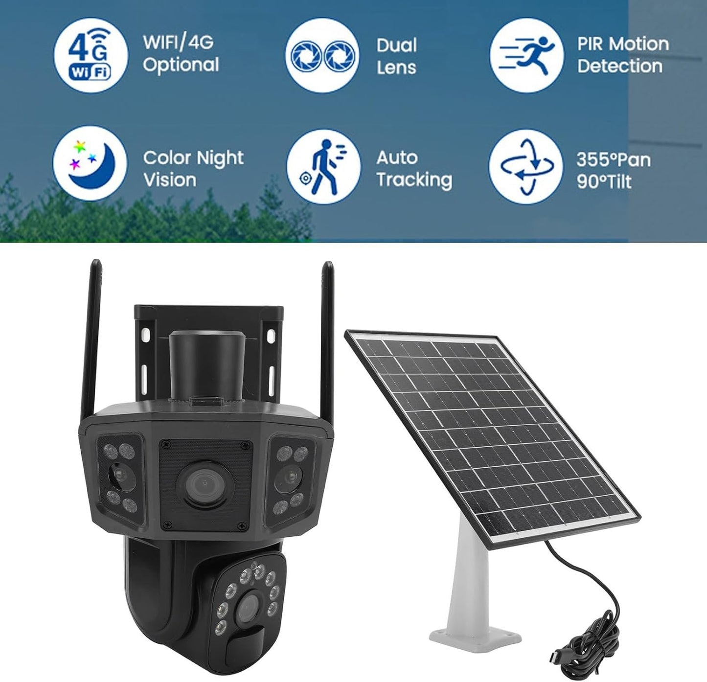 4K Security Camera with Solar Panel, WiFi 4G, Dual Lens, Color Night Vision, 2 Way Talk, 360Â° Pan 90Â° Tilt, Auto Tracking, Motion Detection, 8000mAh for Outdoor Use