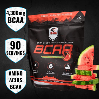 iRide Supplements - Branched Chain Amino Acids BCAA Protein Powder, Watermelon Flavour - Ideal for Hydration, Boosts Energy, Enhanced Performance, Endurance & Metabolism - Athlete Supports-90 Servings