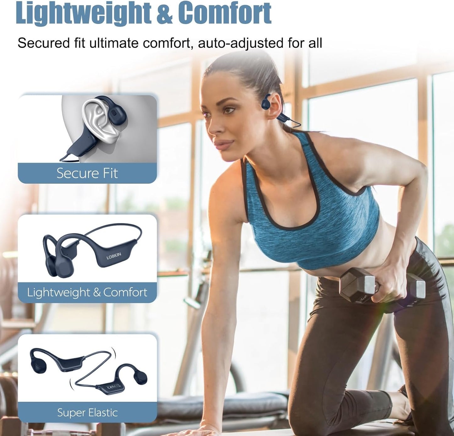 LOBKIN Bone Conduction Headphones Wireless, Open Ear Headphones with Mic, IPX5 Waterproof Sweatproof Bluetooth Sports Headphones for Running, Cycling, Workout (Blue)