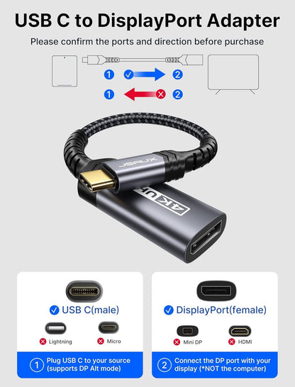 JSAUX USB C to DisplayPort Adapter 4K@60Hz, Type C to Display Port Cable Adapter Compatible with iPhone 16/15/Pro/Max/Plus, MacBook Pro Air, Surface Book, Dell XPS, Samsung Galaxy S24 S23 Note 20-Grey
