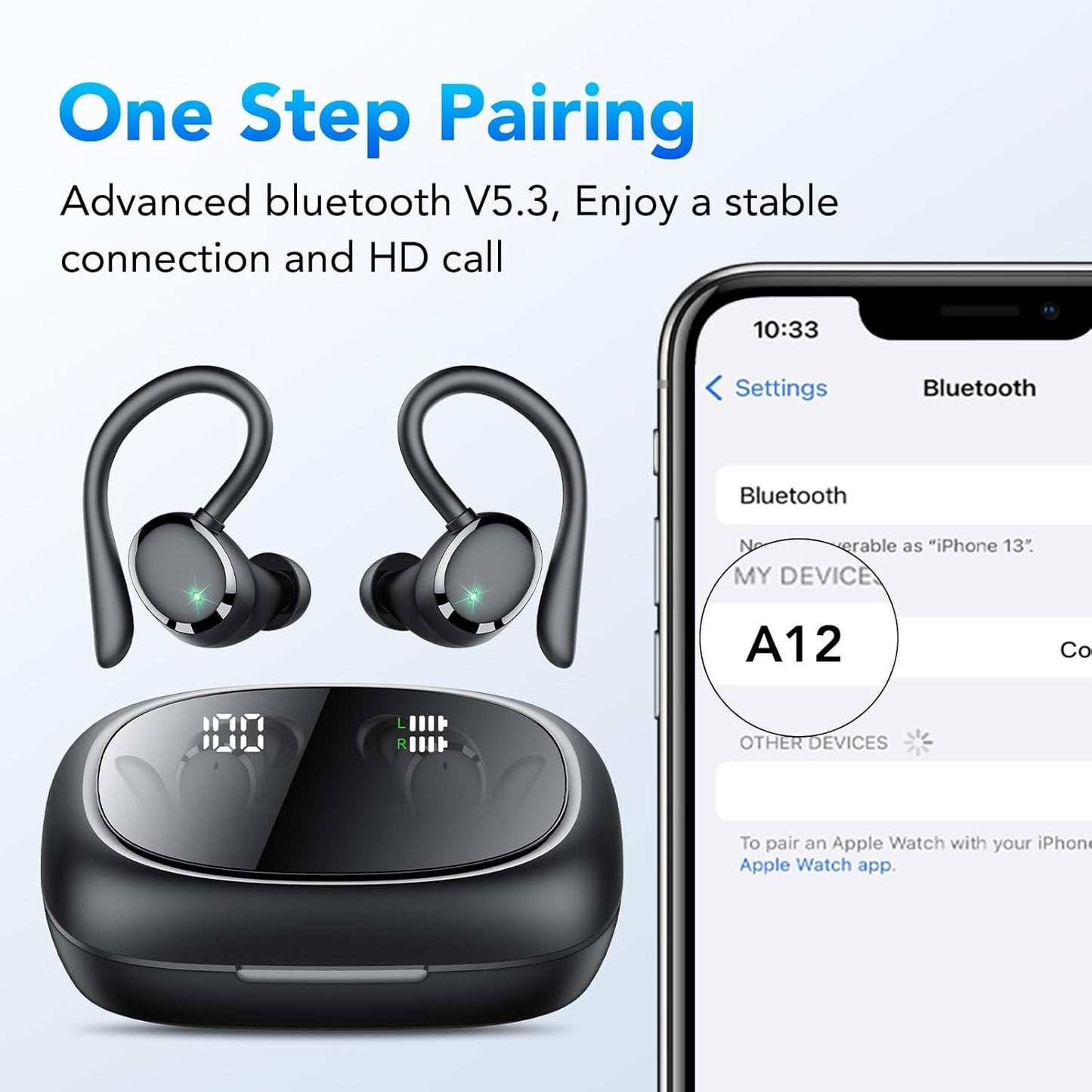 Wireless Earbuds, Bluetooth 5.3 Headphones with Earhook, 72Hrs Playtime, Deep Bass, 4 ENC Noise Cancelling Mic, IP7 Waterproof, LED Display, Over Ear Buds for Workout, Travel, Black